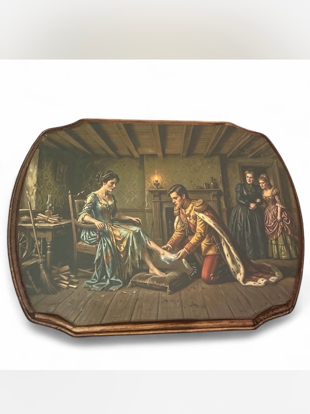 Vintage Decorative Wooden Picture with Cinderella Prince Scene - Painted Artwork